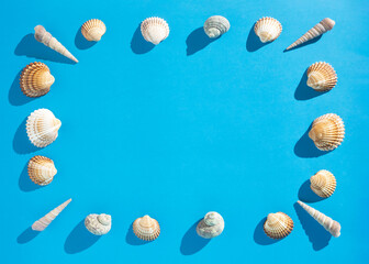 Frame made of sea shells on cyan background, summer concept. Lay down composition with copy space