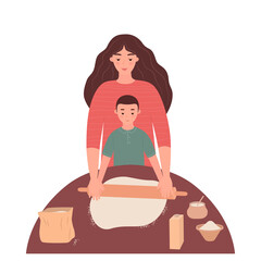 Obraz premium Mom and little son roll out the dough at the kitchen table and have a good time together. A woman and a boy cook dinner. The concept of motherhood, family and friendship