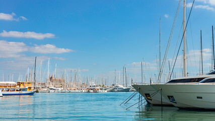 Fototapeta premium Luxury yachts moored in the seaport of the Spanish city of Palma de Mallorca