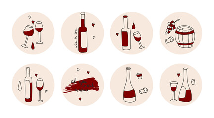 Highlights covers, posts and stories for social media. Round icons of red wine wine bottle, wine glasses, wine barrel, corkscrew. Vector flat cute illustrations for wine shop or winery.