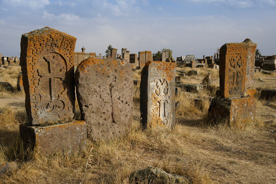 The ancient Noratus (Noraduz) Cemetery in Armenia, with lichen-encrusted khachkars (khatchkars, or cross-stones)