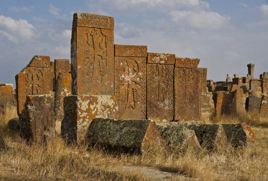The ancient Noratus (Noraduz) Cemetery in Armenia, with lichen-encrusted khachkars (khatchkars, or cross-stones)