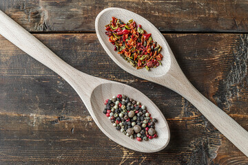 spices assorted peppers and paprika flakes on wooden spoons