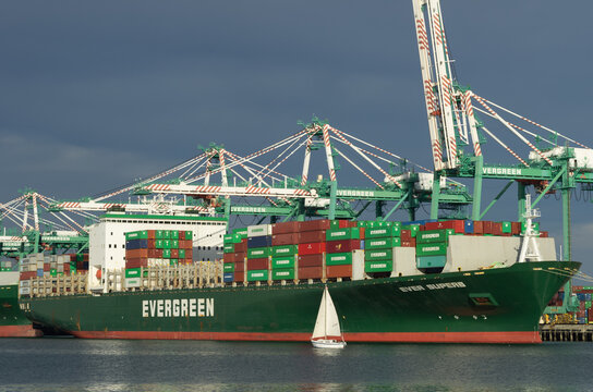 Port of Los Angeles, CA/USA - January 25, 2015: image of an Evergreen Marine Corporation container ship shown loading/unloading.