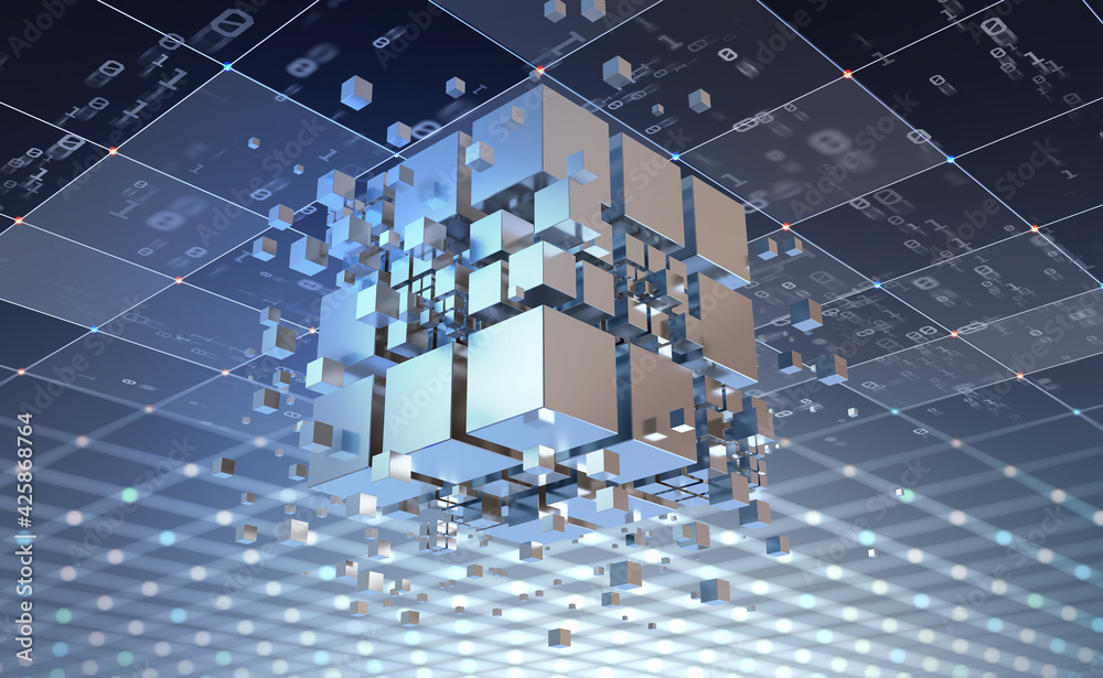 Poster High-tech and data capture. Square blocks are collected in a cubic array against the background of a digital field. 3d blockchain concept illustration. Creation of artificial intelligence