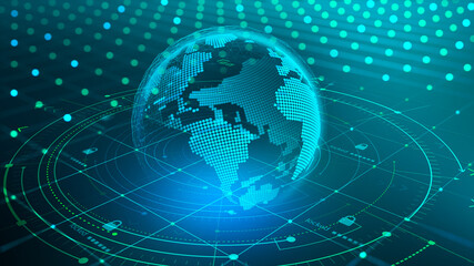Data analytics, corporate logistics, business strategy. Internet technologies and innovations of virtual reality. 3d illustration of a hologram of a planet with satellites orbits