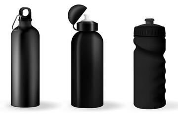Fitness running blender Bike metal reusable drink flask. 3d realistic vector mockup. Illustration of container water for sport bike and fitness.