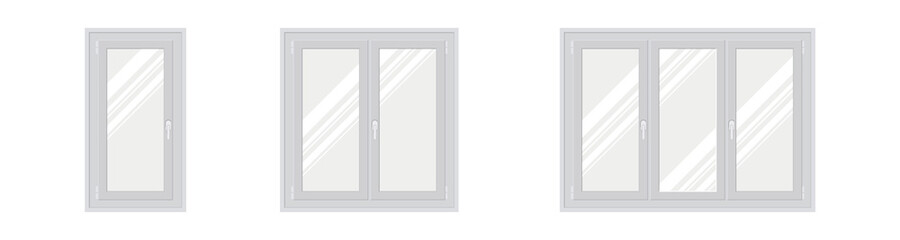 Windows with white frames set vector illustration. Various types plastic windows collection. Vector illustration.
