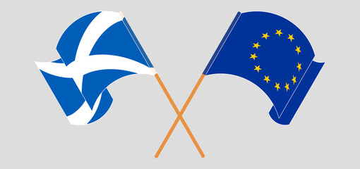 Crossed and waving flags of Scotland and the EU