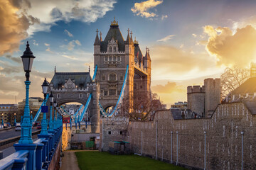 The famous tourist attraction Tower Bridge in London, United Kingdom, during a colorful sunset