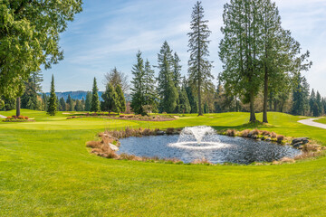 Golf course with gorgeous green and pond.