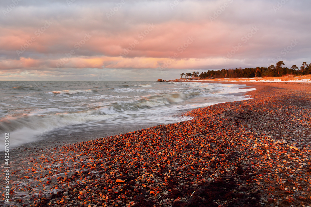 Wall mural Baltic sea shore (sand dunes) at sunset. Pine forest in the background. Soft sunlight, clear sky, glowing clouds, waves, pebbles. Idyllic seascape. Travel destinations, ecotourism, nature