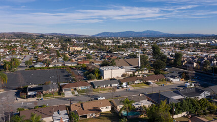 Fototapeta na wymiar Day time aerial view of a suburban residential area in Brea, California, USA.