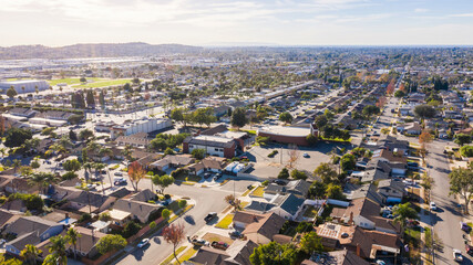 Day time aerial view of a suburban residential area in Brea, California, USA.