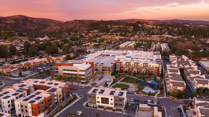 Sunset aerial view of a dense residential area in Brea, California, USA.