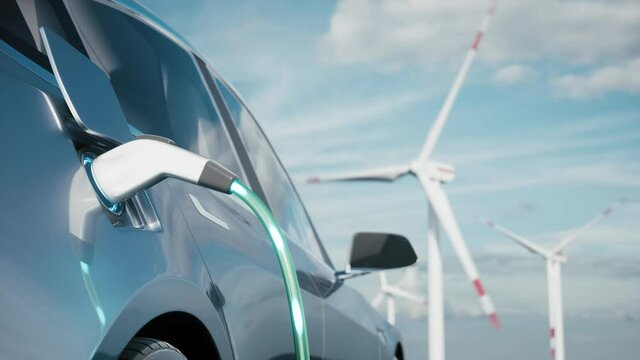 Car charging on the background of a windmills. Charging electric car. Electric car charging on wind turbines background. Vehicles using renewable energy. 3d visualization