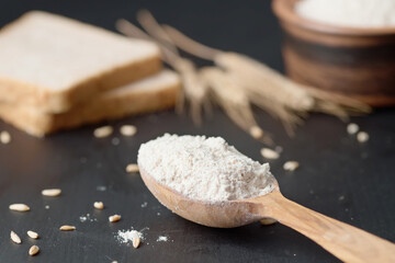 Whole grain flour in a wooden spoon. Healthy foods.