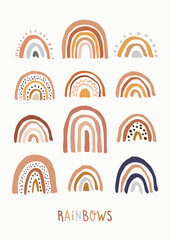 Hand Drawn Boho Rainbows. Cute Set in Pastel and Earthy Colors. Vector Isolated Elements. Scandinavian Style. Neutral Nursery Art Design for Room Decoration, Cards, Invitations, Posters. © Ewelina