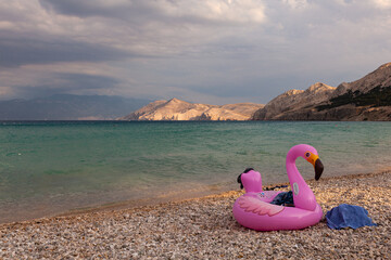 Swimming inflatable ring with flamingo design on the beach
