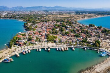 Fototapeta premium Aerial View Of Side Antique City . Side Old Town amphitheater. Side Harbor marina in Antalya Turkey drone view