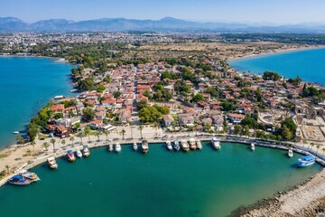 Aerial View Of Side Antique City . Side Old Town amphitheater. Side Harbor marina in Antalya Turkey drone view