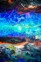 Colorful background. Creative background with handmade abstract acrylic surface paints. Cover up various paints. Outer space concept in fluid art style.