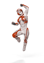 comic woman in a sci fi outfit doing a jump attack