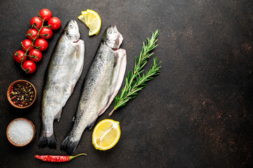  raw fish trout on a stone background with copy space for your text