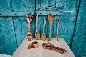 wooden table spoon. wood carving. handmade carpenter carpenter. set of cutlery. brown wood