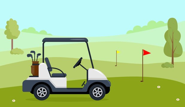 Golf cart on green field with grass, trees and flags