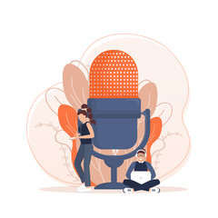 Live webcast in flat style with people. Listen to podcast. Flat illustration. Vector illustration.