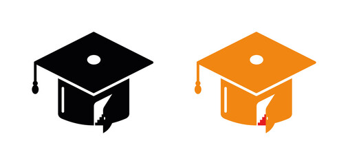 Creative graduation cap logo set. Logo with a ladder inside the hat. Line, silhouette and colorful set. 