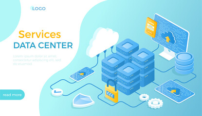 Data Center Cloud Services. Information processing, hosting, provider, storage, networking, management, distribution of data. Server racks, database, cloud. Isometric vector illustration for website.