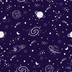 Hand Drawn Seamless Pattern Constellations, Planet and Star Sky. Zodiac signs. Vector illustration, Galaxy Background