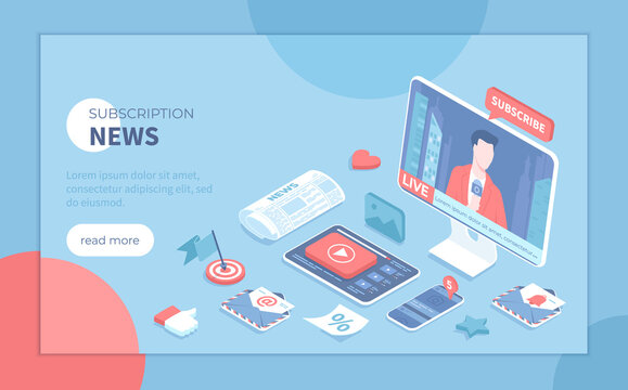 Online news and media news sources, Breaking news, Newsletter subscription, update. Website with broadcaster on the monitor. Isometric vector illustration for banner, website.