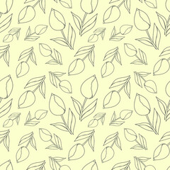 Fototapeta na wymiar Vector seamless pattern with tulips flowers ans leaves arranged chaotically on light yellow background. Doodle style