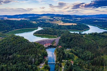 Aerial view of the lake dam. Pilchowice village on Lower Silesia. Poland.