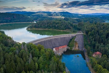 Aerial landscape of the water dam in Lower Silesia. Poland.