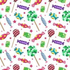 Seamless background with candies and lollipops. Cute background, design element for packaging, paper, wallpaper, banner. Vector illustration.