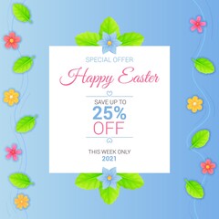 Square Easter sale banner with eggs, lives and flowers. Spring season promotion, discount flayer, special offer typography template concept. Stock vector illustration in cartoon realistic style