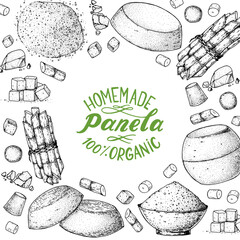 Panela sugar sketch. Hand drawn vector illustration. Vintage design template. Cane sugar. Gur or jggery powder. Organic unrefined.