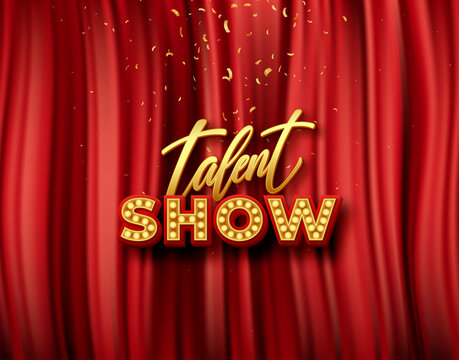 Vector Talent show banner, poster, gold inscription on red curtain, advertising or invitation