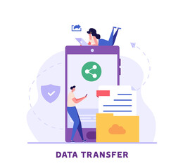 People send files for business. Concept of sharing file, data transfer, transfer of documentation, cloud service, file management, electronic document management. Vector illustration in flat design