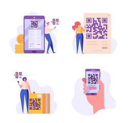 People holding phone with QR sign. User scanning QR-code with phone for payment. Set of QR code, mobile scanner, e-payment, qr verification. Flat vector illustration for UI, website, mobile app