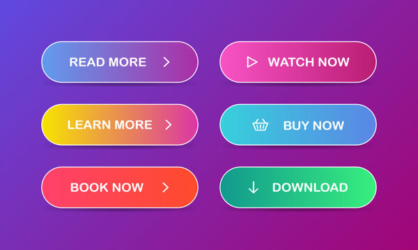 Read, Learn more, Book, Watch, Buy now, Download. Set of modern multicolored buttons. Vector EPS 10