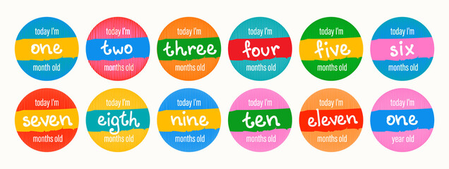Set of vector lettering stickers today I'm 1, 2, 3, 4, 5, 6, 7, 8, 9, 10, 11, 12 months old. Happy birthday greeting card for baby under one year old. Colored handwritten illustrations.