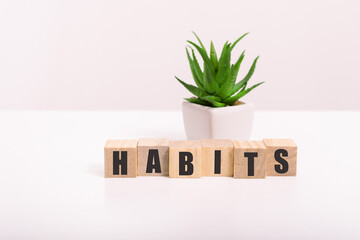 Fototapeta na wymiar habits Sign with the word habits on a wooden desk in a bright room.