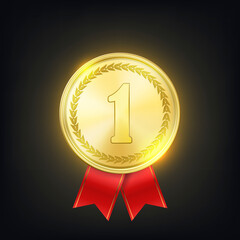 Vector 3d Realistic Golden Medal with Red Ribbon. Victory Concept. Glow First Place Badge Closeup on Dark Background. Front View