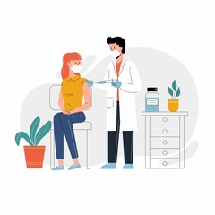 COVID-19 Vaccine injection vector illustration. A doctor injects a coronavirus vaccine to a patient.