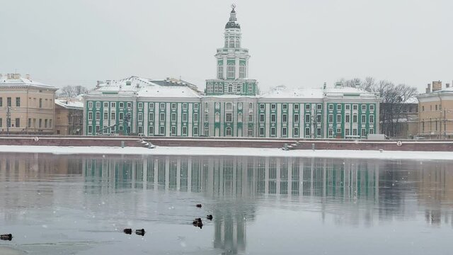 improbable winter landscape of the snow-covered embankment of St. Petersburg, Museums of Anthropology and Ethnography, cabinet of curiosities